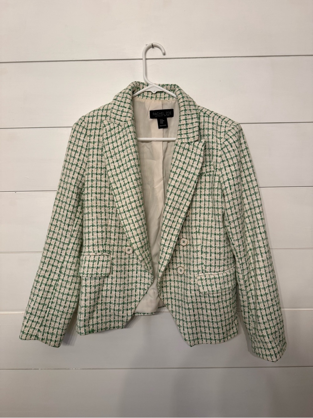 Rachel Zoe Cream and Green Tweed Double-Breasted Blazer
